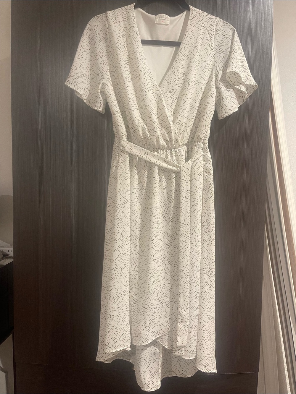 Sienna Sky White Wrap Midi Dress with Black Micro Dot Print